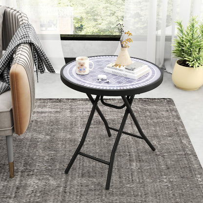 Round Folding Side Patio Coffee Table with Tempered Glass Tabletop-Grey