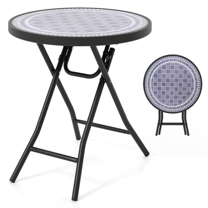 Round Folding Side Patio Coffee Table with Tempered Glass Tabletop-Grey