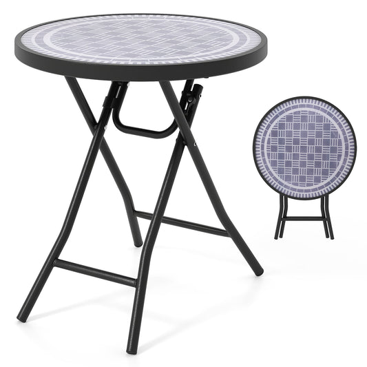 Round Folding Side Patio Coffee Table with Tempered Glass Tabletop-Grey
