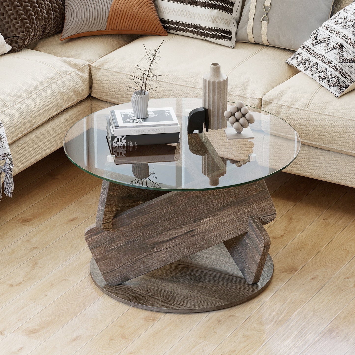 Round Glass Coffee Table 81cm Modern Center Table with Tempered Glass Top-Grey
