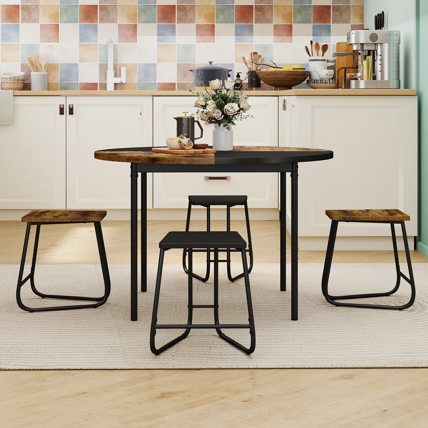 118cm Round Kitchen Table and 4 Stools with Wooden Tabletop-Rustic Brown