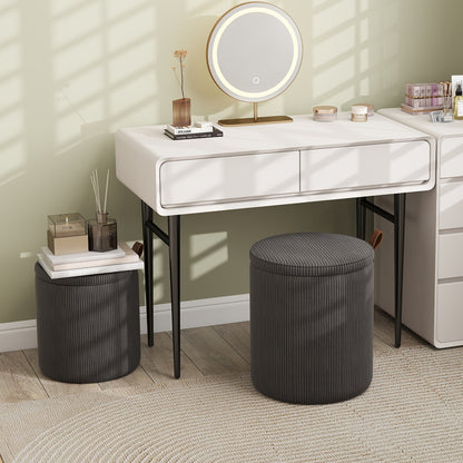 Round Ottoman with Storage Set of 2 with Removable Lids and Padded Seats-Grey