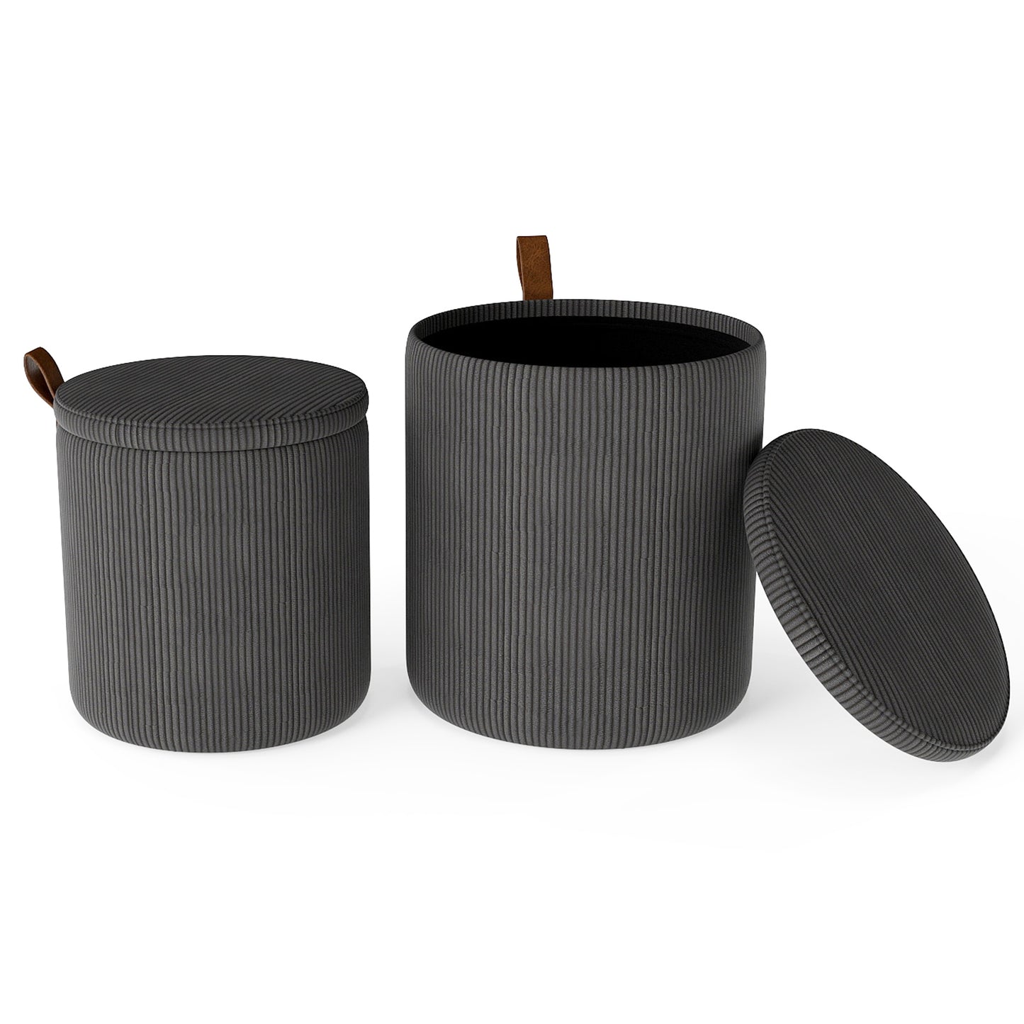 Round Ottoman with Storage Set of 2 with Removable Lids and Padded Seats-Grey
