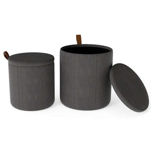 Round Ottoman with Storage Set of 2 with Removable Lids and Padded Seats-Grey