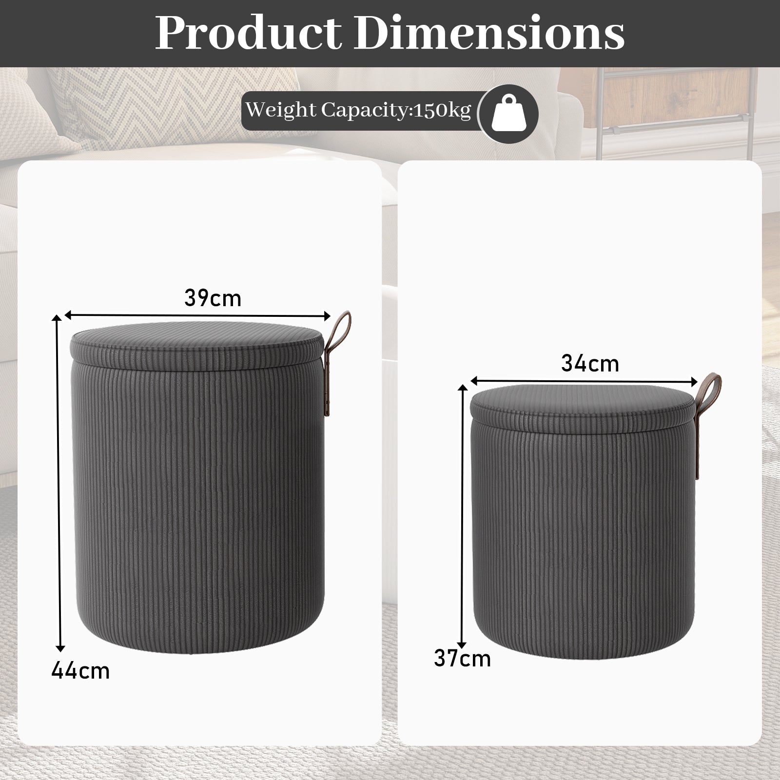 Round Ottoman with Storage Set of 2 with Removable Lids and Padded Seats-Grey