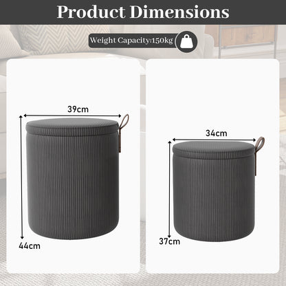 Round Ottoman with Storage Set of 2 with Removable Lids and Padded Seats-Grey