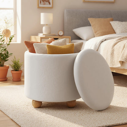 Round Storage Ottoman 45 CM Chenille Fabric Footrest Stool with Removable Lid-White