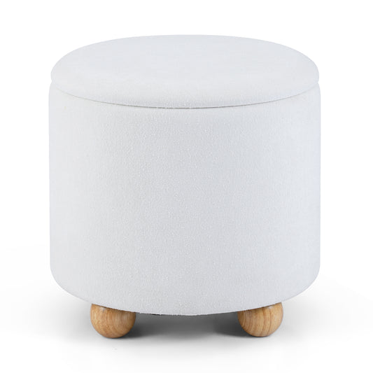 Round Storage Ottoman 45 CM Chenille Fabric Footrest Stool with Removable Lid-White