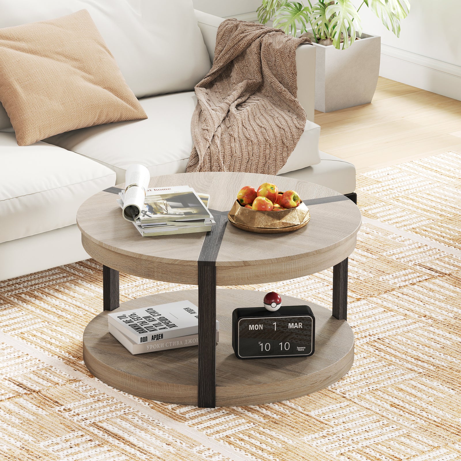 2-Tier Round Coffee Table with Storage Shelf-Oak