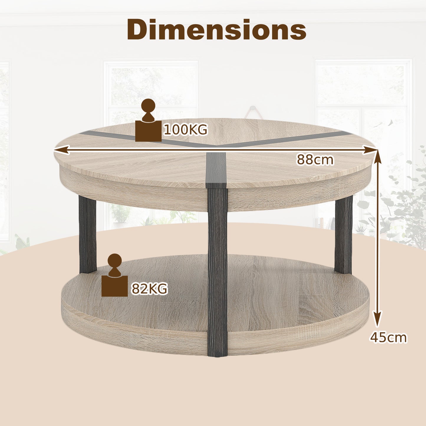 2-Tier Round Coffee Table with Storage Shelf-Oak