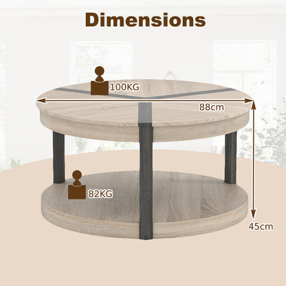 2-Tier Round Coffee Table with Storage Shelf-Oak