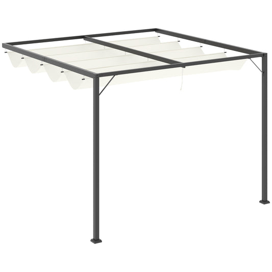Outsunny 3 x 3(m) Outdoor Lean To Pergola Retractable Canopy Wall Mounted Gazebo Patio Shelter Sun Shade, Cream White