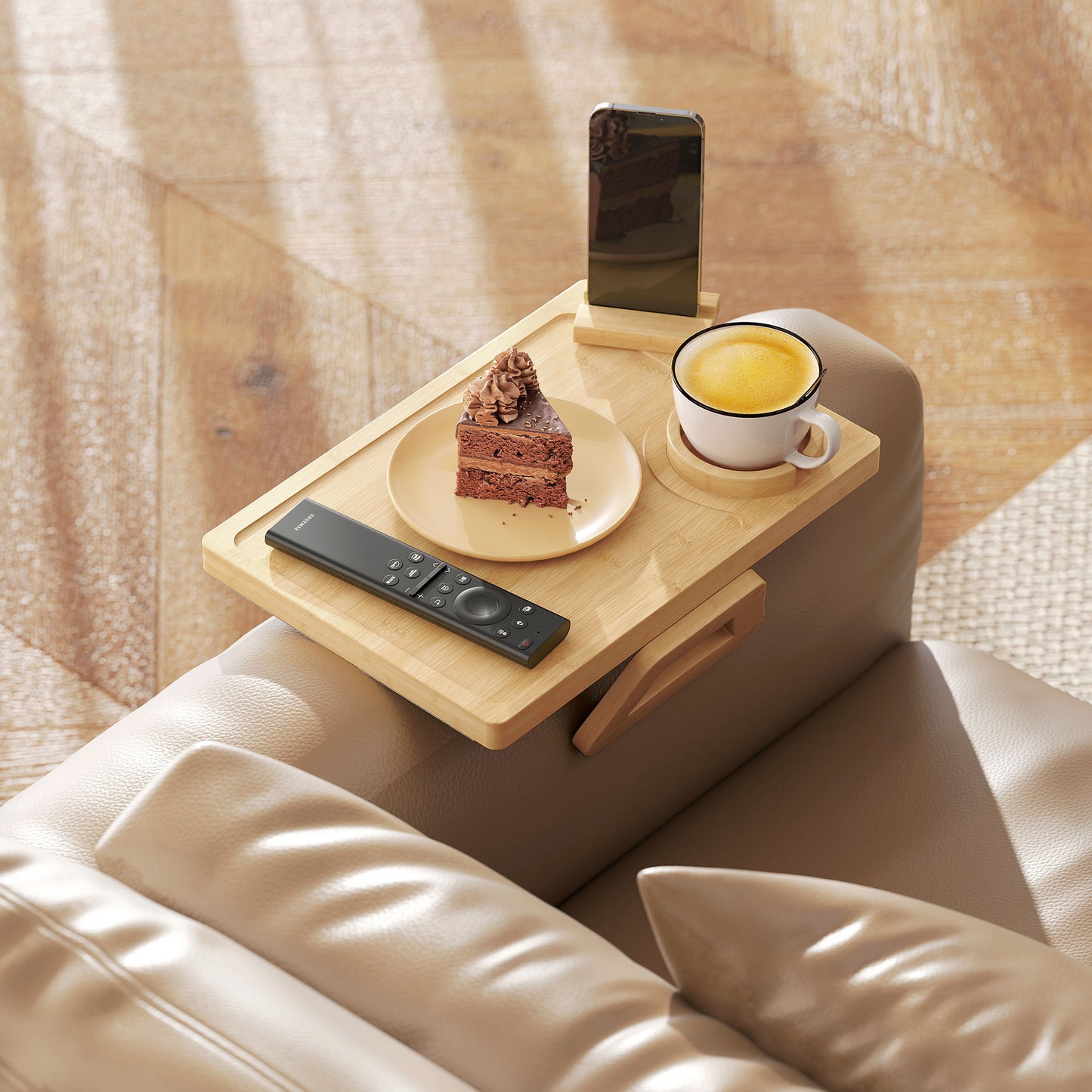 HOMCOM Anti-Slip Sofa Armrest Tray, Bamboo Sofa Arm Tray with 360Â° Phone Holder and Removable Cup Holder, Natural