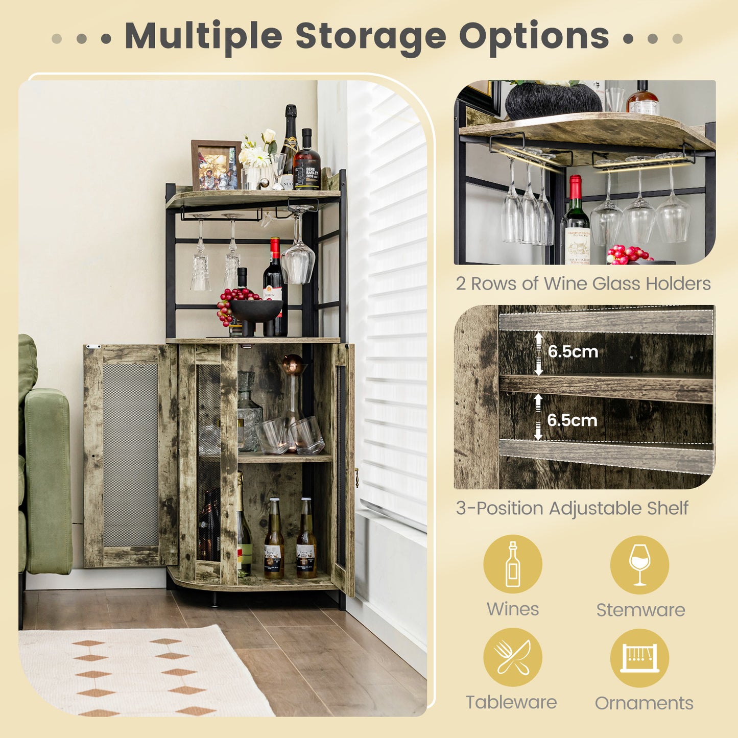 Industrial Corner Bar Wine Cabinet with Metal Mesh Doors and Adjustable Shelf-Rustic Brown