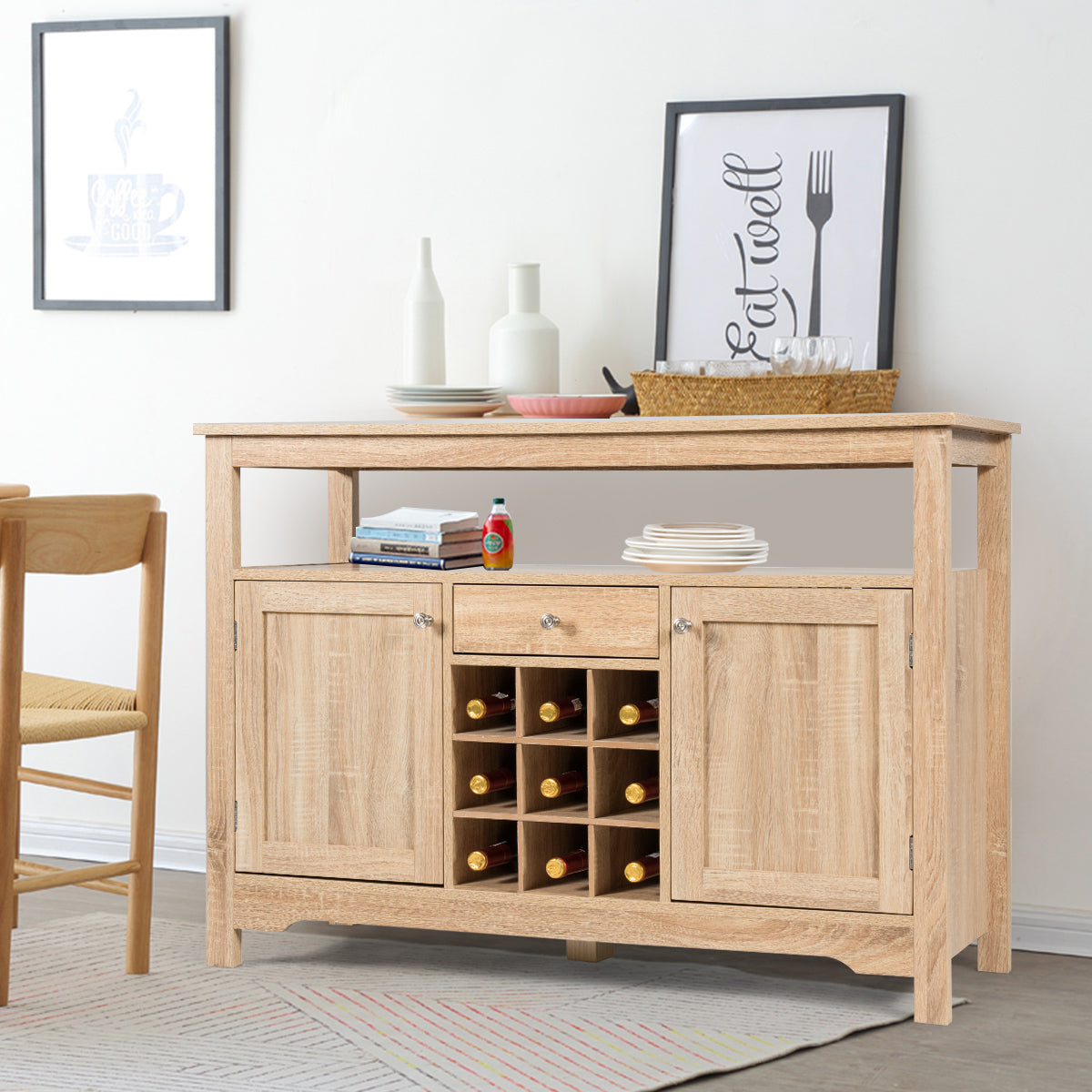 Rustic Cupboard Storage Organizer with 2 Cabinets and 1 Drawer 9-Bottle Wine Rack-Natural