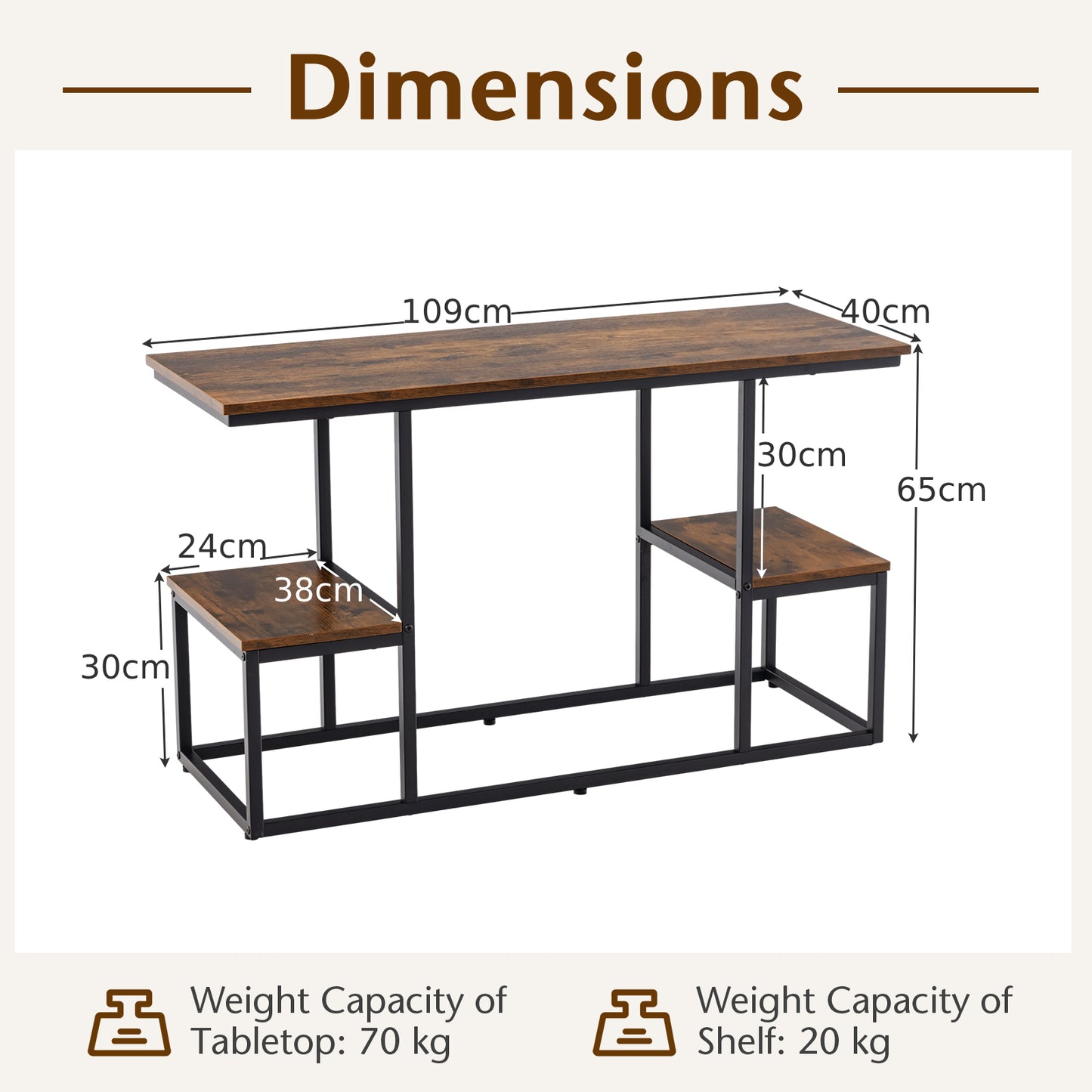 Rustic TV Console Table Industrial Sofa Table with Open Storage Shelves-Rustic Brown