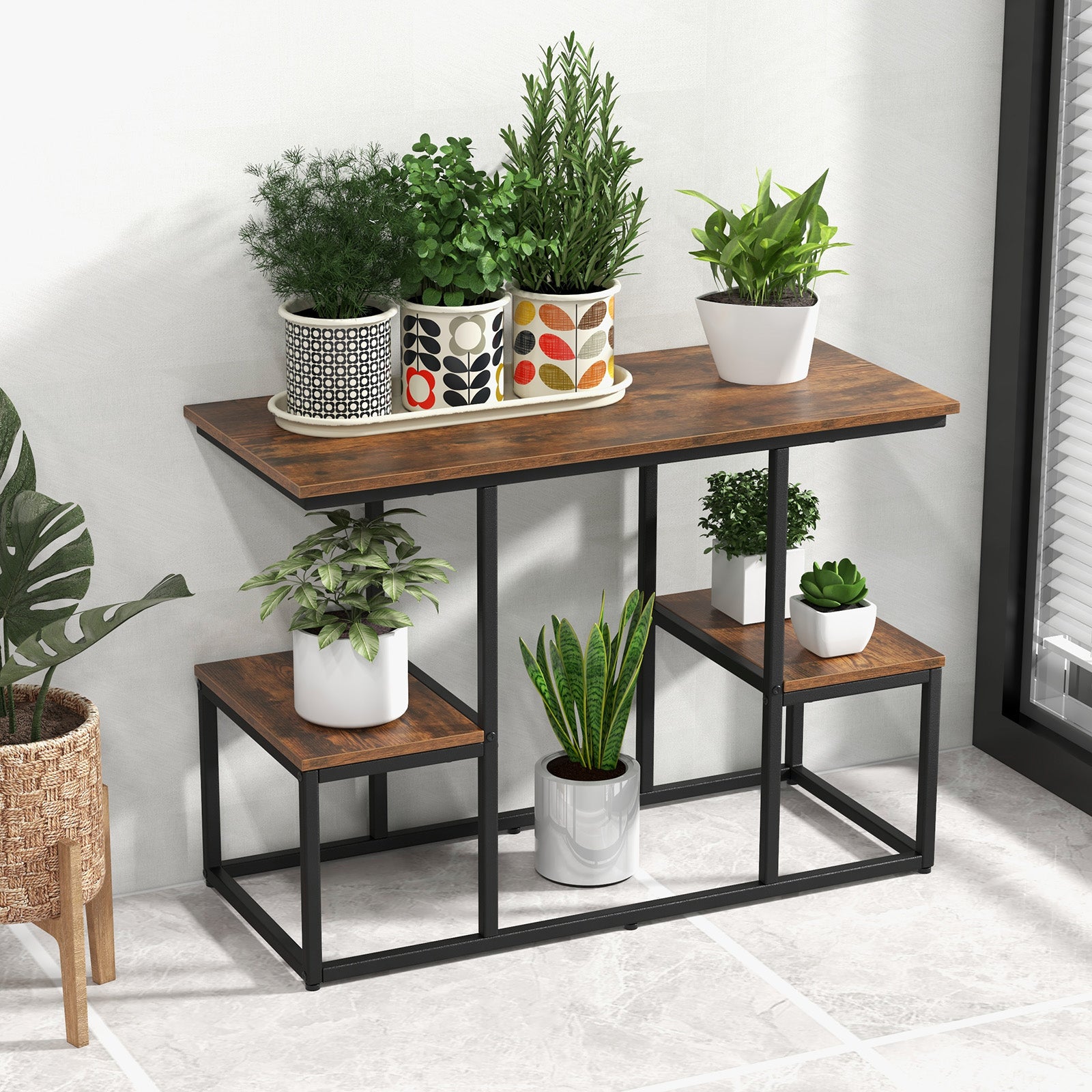 Rustic TV Console Table Industrial Sofa Table with Open Storage Shelves-Rustic Brown