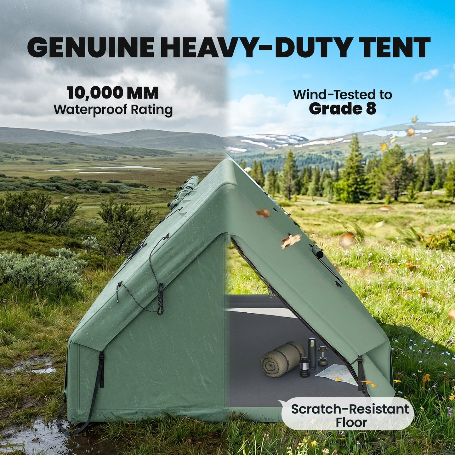 Outsunny Inflatable Camping Tent, 4 Season Hot Tent 10000mm Waterproof with Chimney Opening, Sky Light and Air Pump, Green
