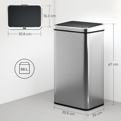 HOMCOM 50L Sensor Bin with Quiet Soft-Close Lid, Automatic Touchless Motion Sensor Kitchen Bin with Fingerprint Resistant Stainless Steel for Hygienic Gyms, Home Office Use, Silver Tone