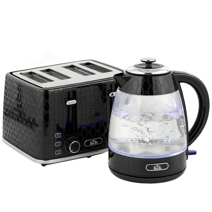 HOMCOM Kettle and Toaster Set, 1.7L 3000W Rapid Kettle with Strix Thermostat, 4 Slice Toaster with 7 Browning Controls, Black