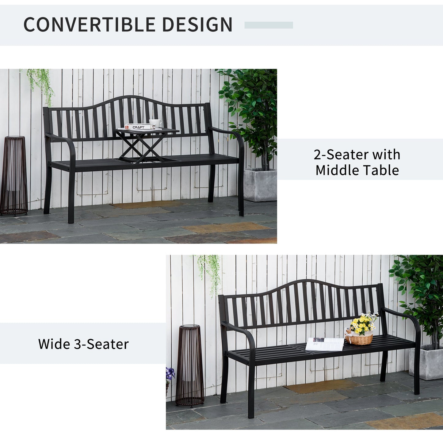 Outsunny Metal Outdoor Bench with Liftable Middle Table, Patio Loveseat, Garden Bench for Garden, Porch, Seats 2â3 People, Black