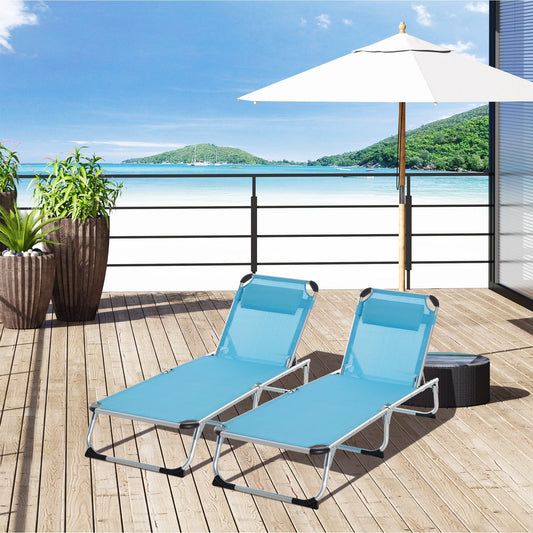 Outsunny Foldable Outdoor Sun Loungers Set of 2, Reclining Lounge Chair Camping Bed Cot with Pillow 4-Level Adjustable Back Aluminium Frame, Blue