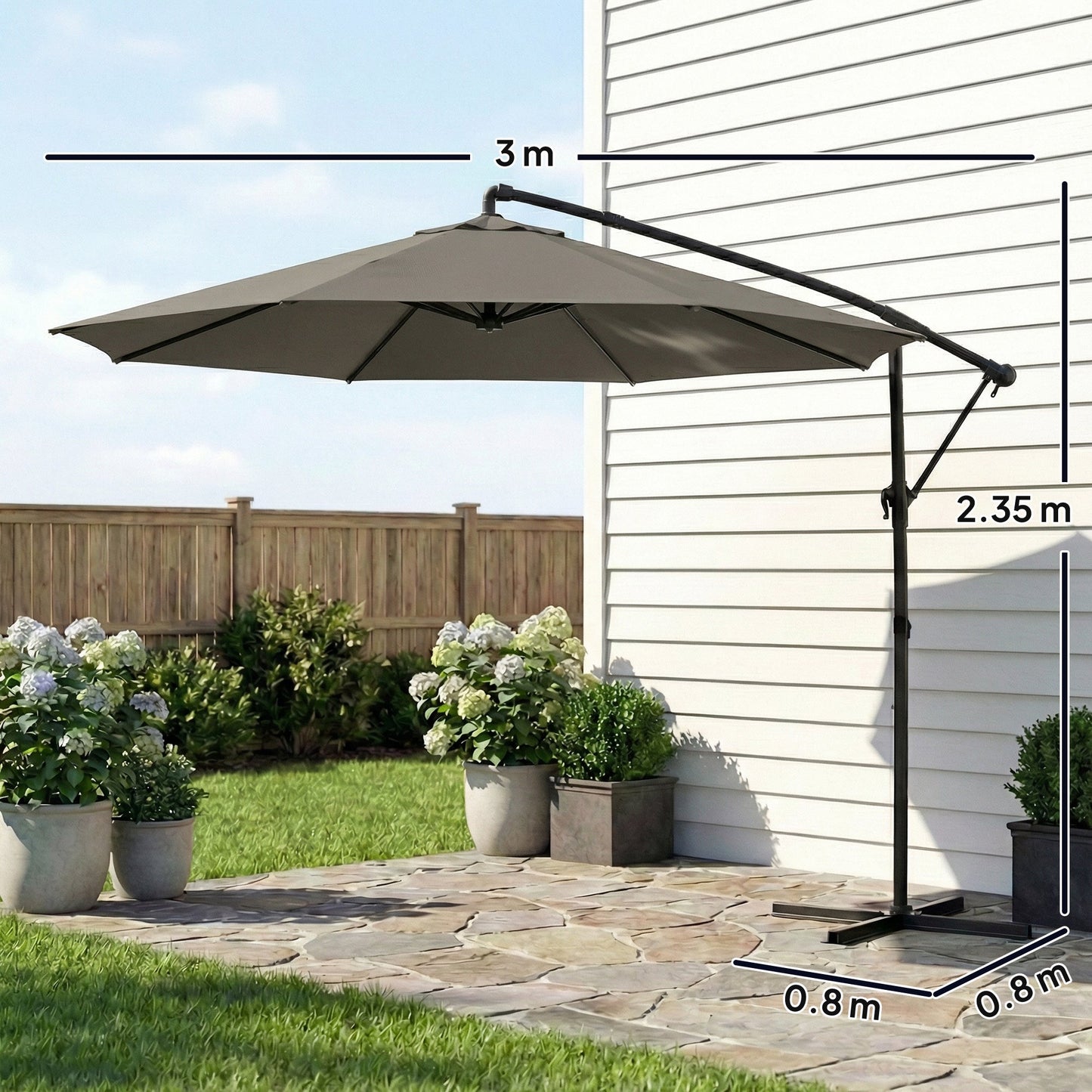Outsunny 3 m Garden Cantilever Parasol with Cover, Round Overhanging Umbrella with 360Â° Rotation, Tilt, Grey