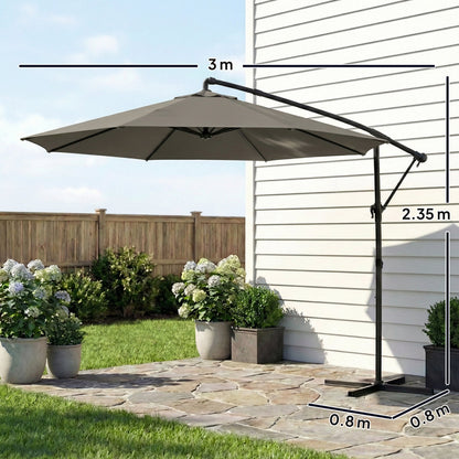 Outsunny 3 m Garden Cantilever Parasol with Cover, Round Overhanging Umbrella with 360Â° Rotation, Tilt, Grey