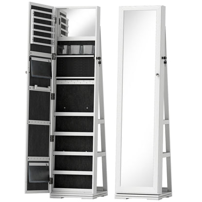 HOMCOM 360° Swivel Jewellery Cabinet, Free Standing Full Length Mirror with Storage, Lockable Jewellery Organiser with Built-in Makeup Mirror and Storage Shelves for Bedroom, White
