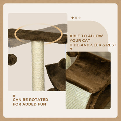 PawHut Cat Tree, Cat Tower for Kittens with Rotatable Top Bar, Sisal Scratching Post, Tunnel, Dangling Balls - Brown