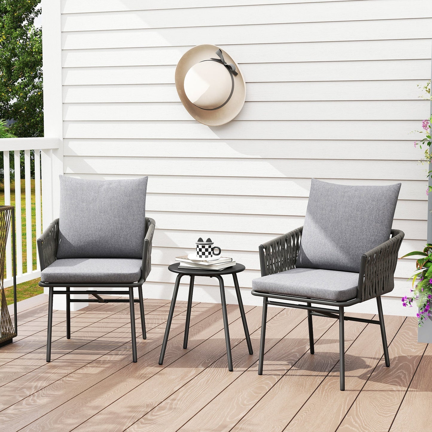 Outsunny 3-Piece Rattan Bistro Set, Garden Table and Chairs with 4 Cushions, Patio Rattan Conversation Furniture Set for Balcony, Porch, Terrace, Grey