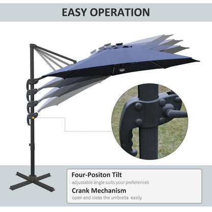 Outsunny 3(m) LED Cantilever Parasol Outdoor Sun Umbrella w/ Base Solar Lights Blue