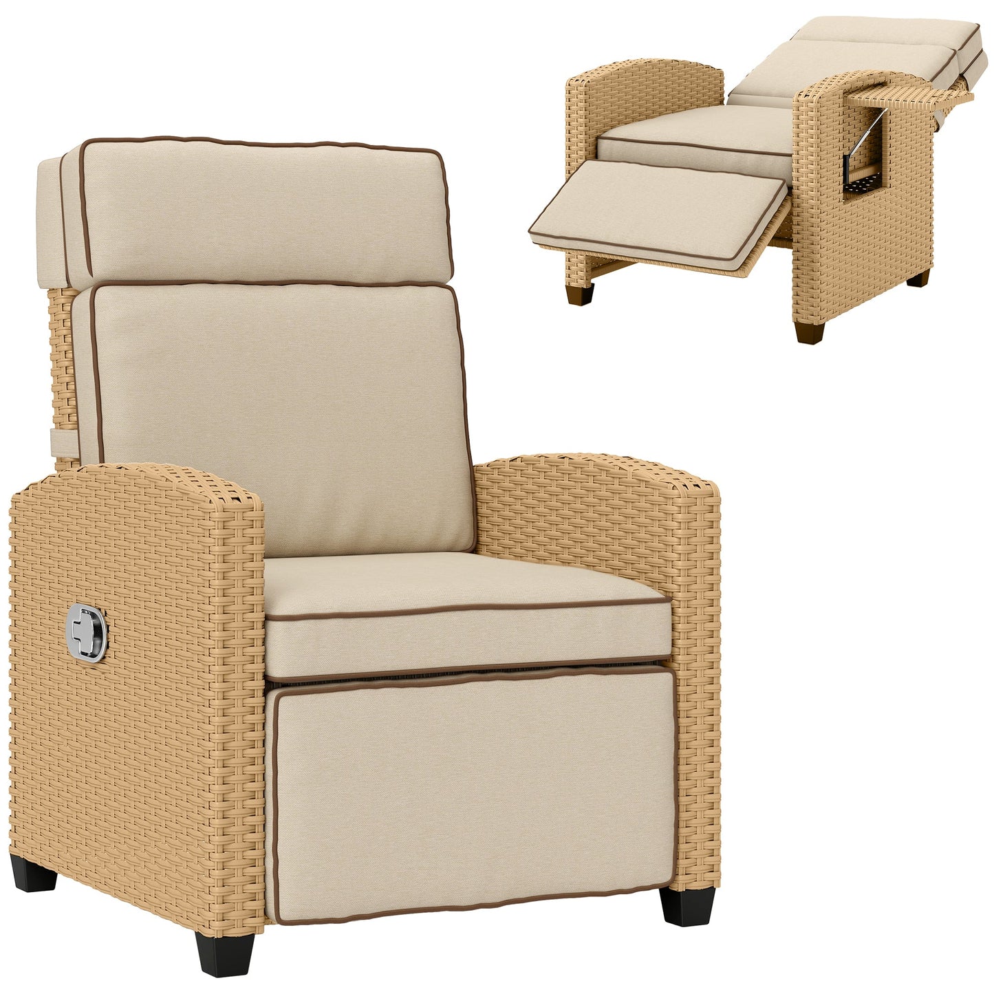 Outsunny 145Â° Reclining Rattan Armchair, with Footrest - Khaki/Beige