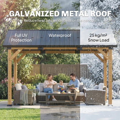 Outsunny 3.5 x 4 m Hardtop Gazebo Canopy with Galvanised Metal Roof, Fir Wood Frame and Hook for Patio, Garden, Black Grey