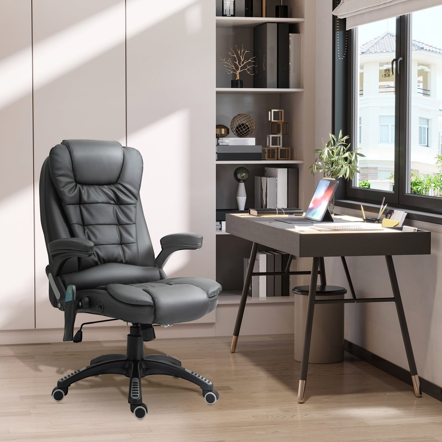 HOMCOM 6-Point Massage Office Chair with Seat Heated for Home Office, PU Leather High Back Executive Desk Chair with Adjustable Height and 360 Swivel for Work Study, Black