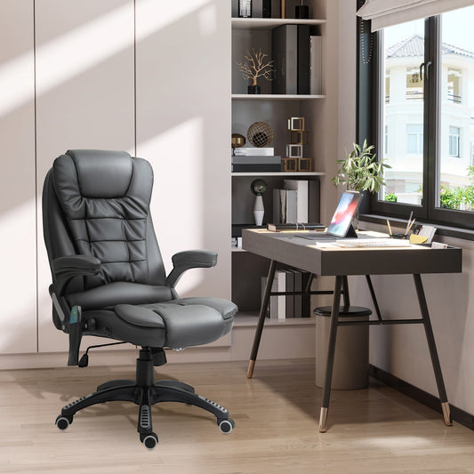 HOMCOM 6-Point Massage Office Chair with Seat Heated for Home Office, PU Leather High Back Executive Desk Chair with Adjustable Height and 360 Swivel for Work Study, Black