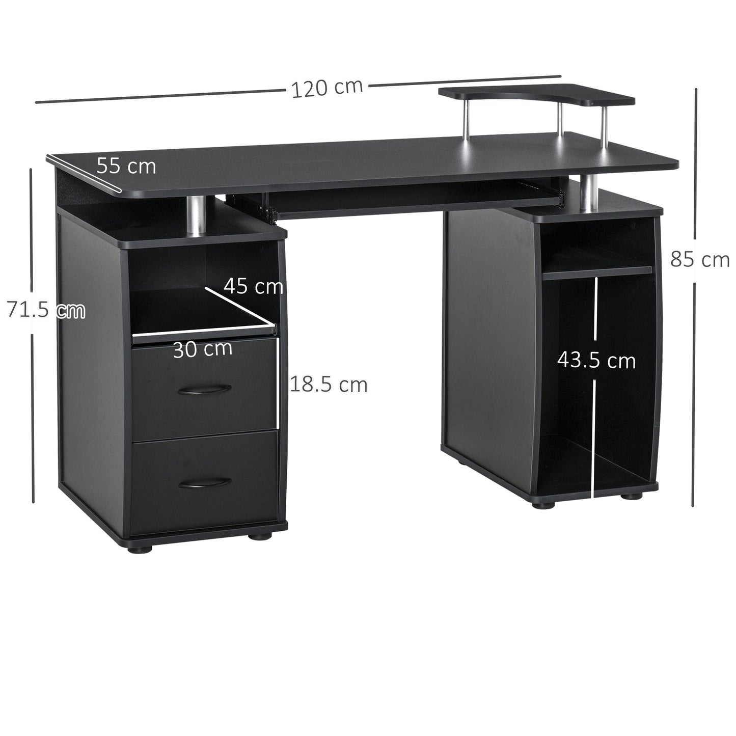 HOMCOM Study Desk Writing Table for Home Office, Student Workstation with Drawers, Sliding Shelf and Storage, Black