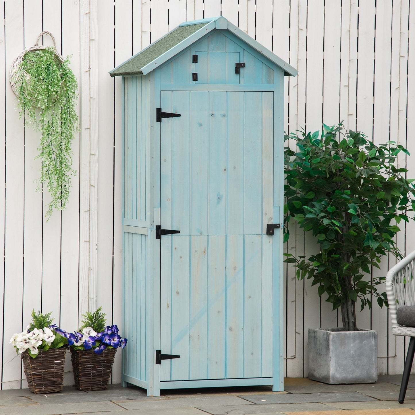 Outsunny Garden Shed Vertical Utility 3 Shelves Shed Wood Outdoor Garden Tool Storage Unit Storage Cabinet, 77 x 54.2 x 179cm - Blue