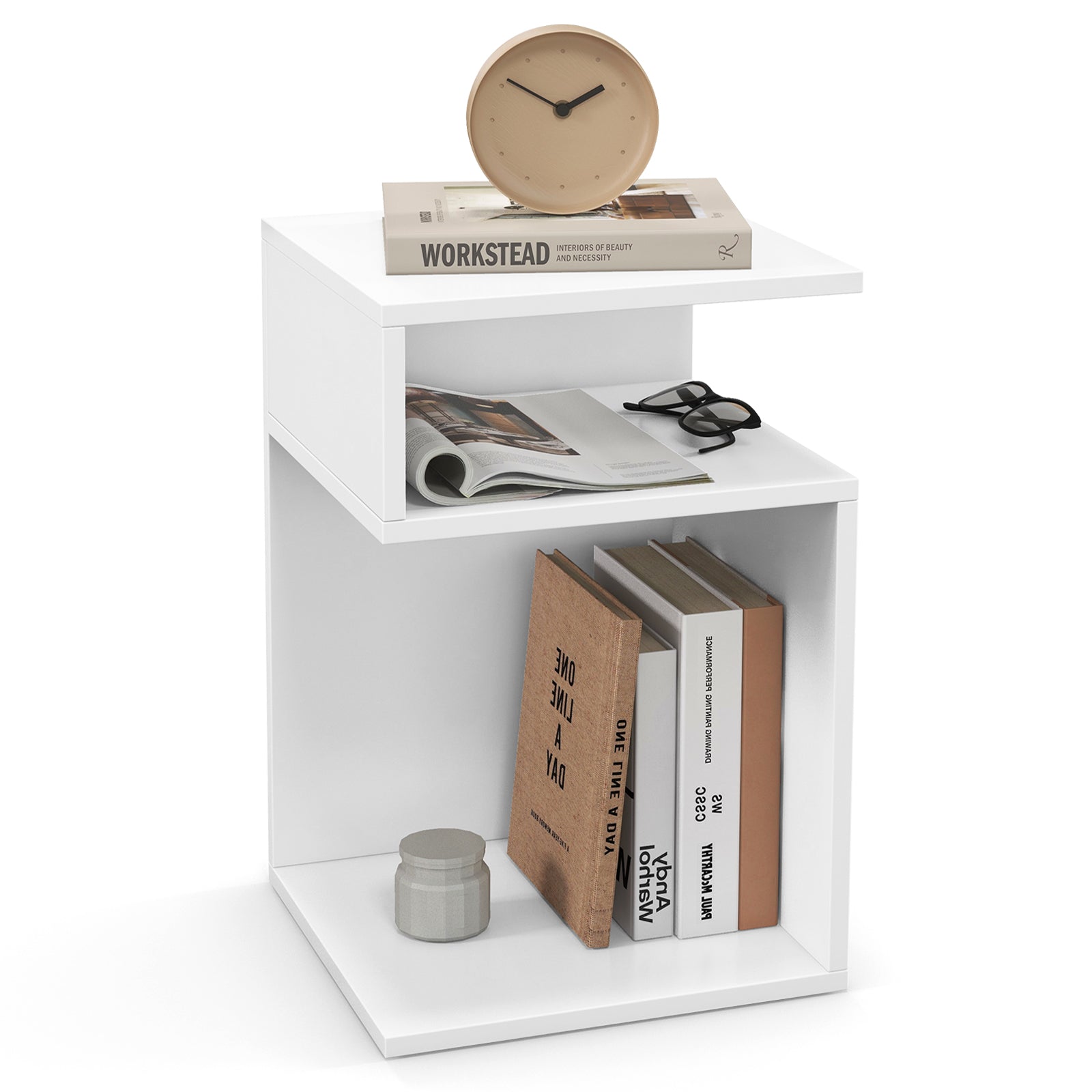 S-Shaped Side Table with 2 Open Compartments for Small Space-White