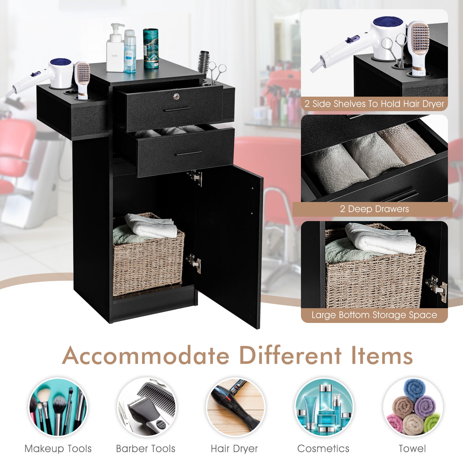 3-Tier Locking Salon Storage Cabinet with 2 Drawers and 6 Hair Dryer Holders-Black