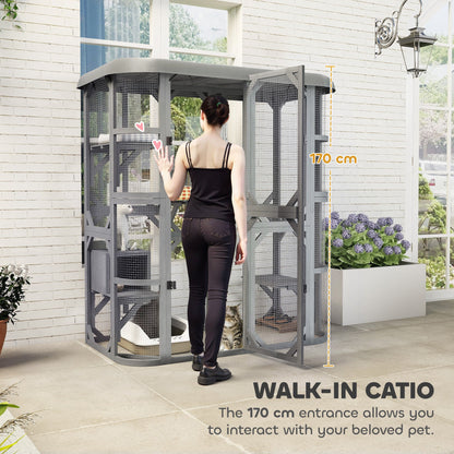 PawHut Catio Outdoor Cat Enclosure, Wooden Cat House with Platforms, Condo and Waterproof Cover for 2“3 Kittens, Grey