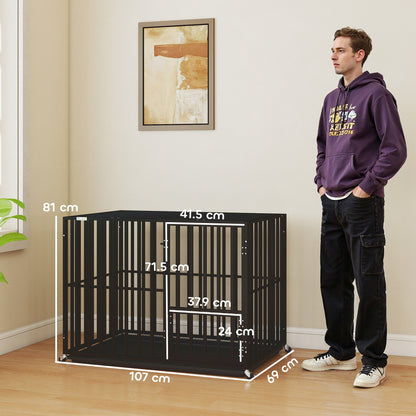 PawHut Heavy Duty Dog Crate, Dog Cage with Wheels for Extra Large Breeds, Metal Pet Kennel with Removable Tray