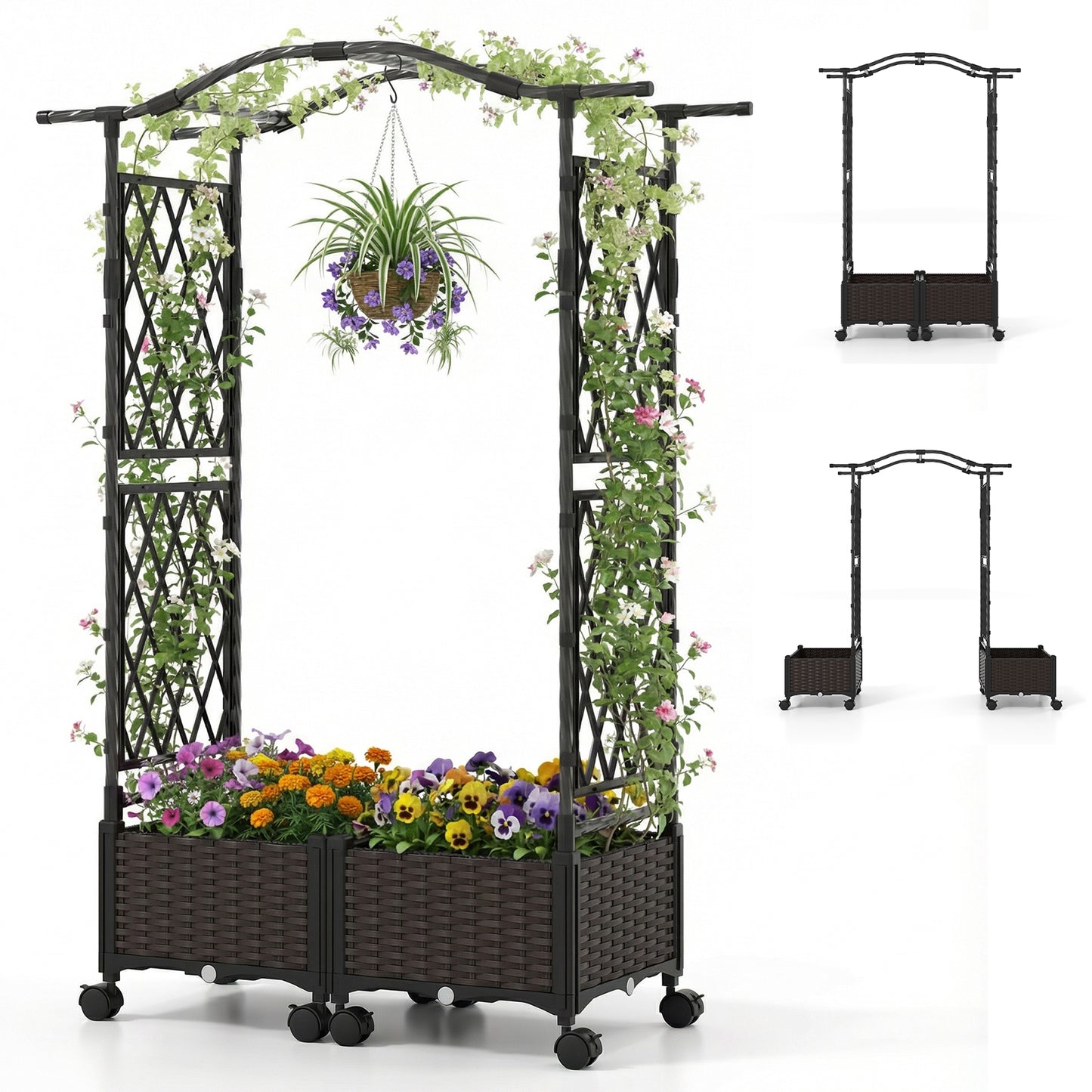 Self-Watering Planter Boxes with Lattice Trellis and Roof for Flower Herb-Brown