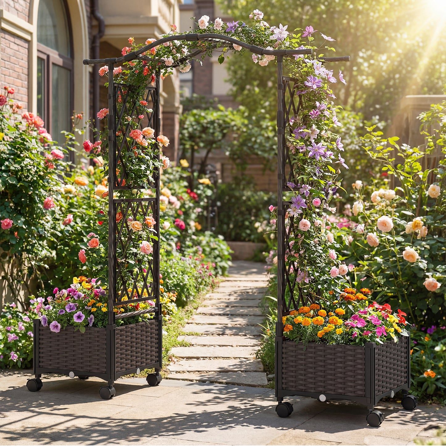 Self-Watering Planter Boxes with Lattice Trellis and Roof for Flower Herb-Brown