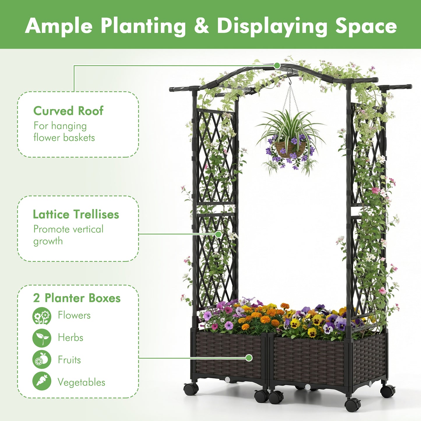 Self-Watering Planter Boxes with Lattice Trellis and Roof for Flower Herb-Brown