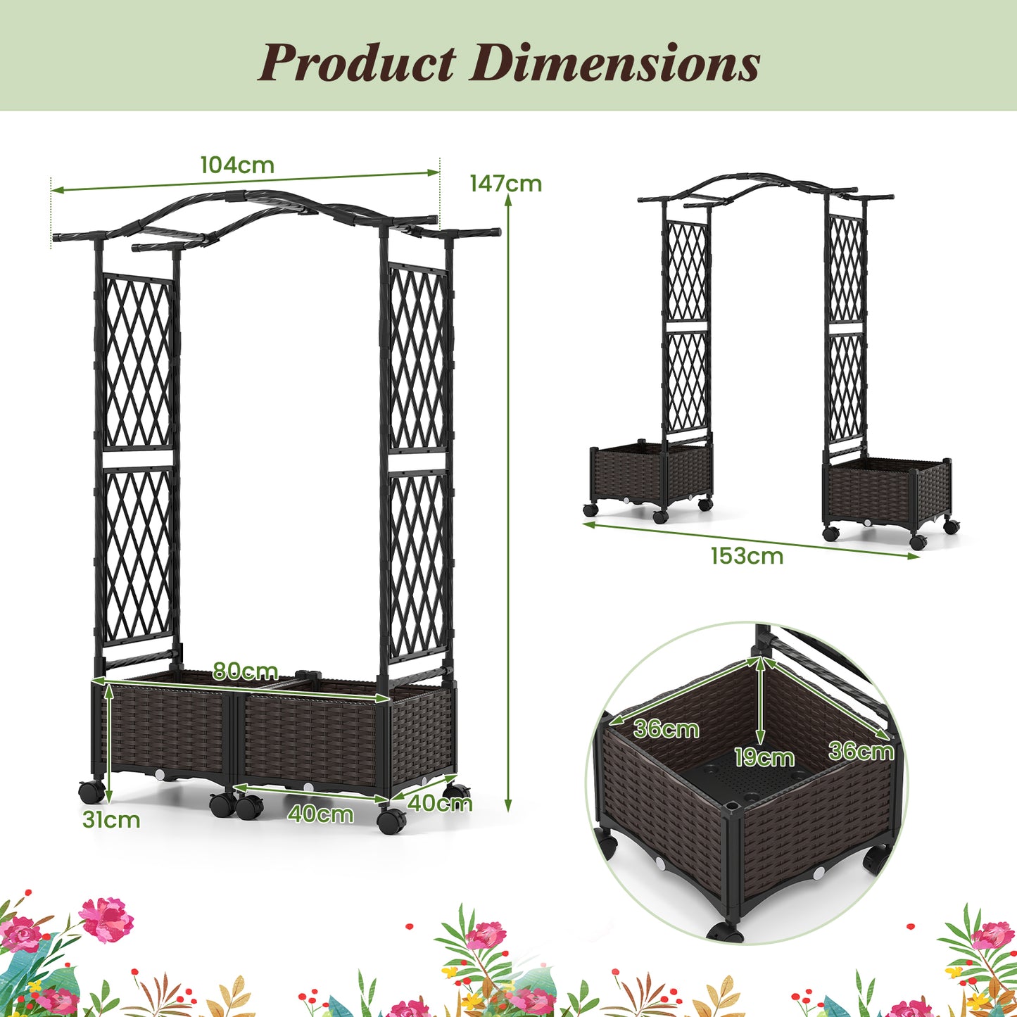 Self-Watering Planter Boxes with Lattice Trellis and Roof for Flower Herb-Brown