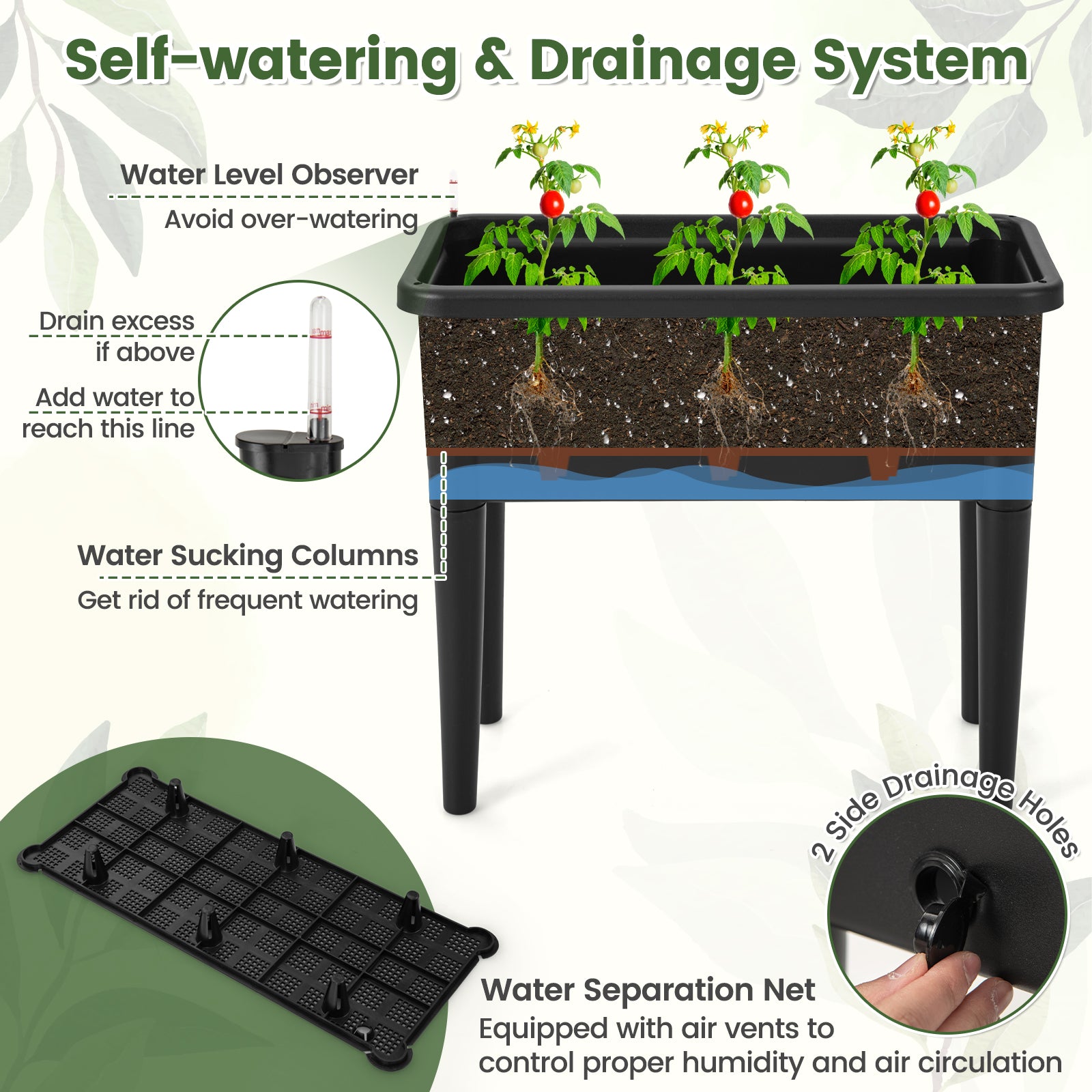 Self-watering Raised Garden Bed with Climbing Trellis-Black