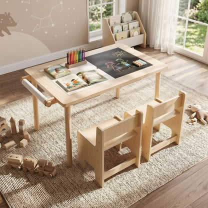 Sensory Table Set 3-Piece Kids Activity Table and Chair Set with Adjustable Height-Natural