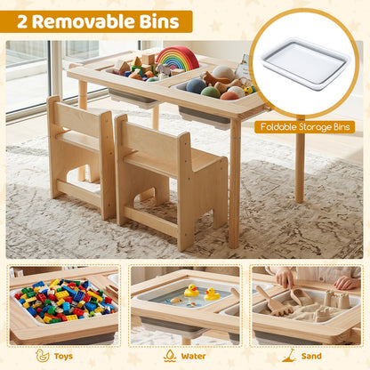 Sensory Table Set 3-Piece Kids Activity Table and Chair Set with Adjustable Height-Natural