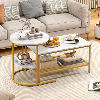 2-in-1 Modular Coffee Table Set with Faux Marble Top and Shelf, Round and Rectangular Tables for Living Room Bedroom Gold